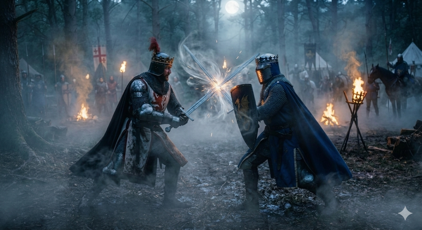 2 medieval kings fighting with swords with woods and campfires in background in moonlit night with mist swirling around them - AI generated