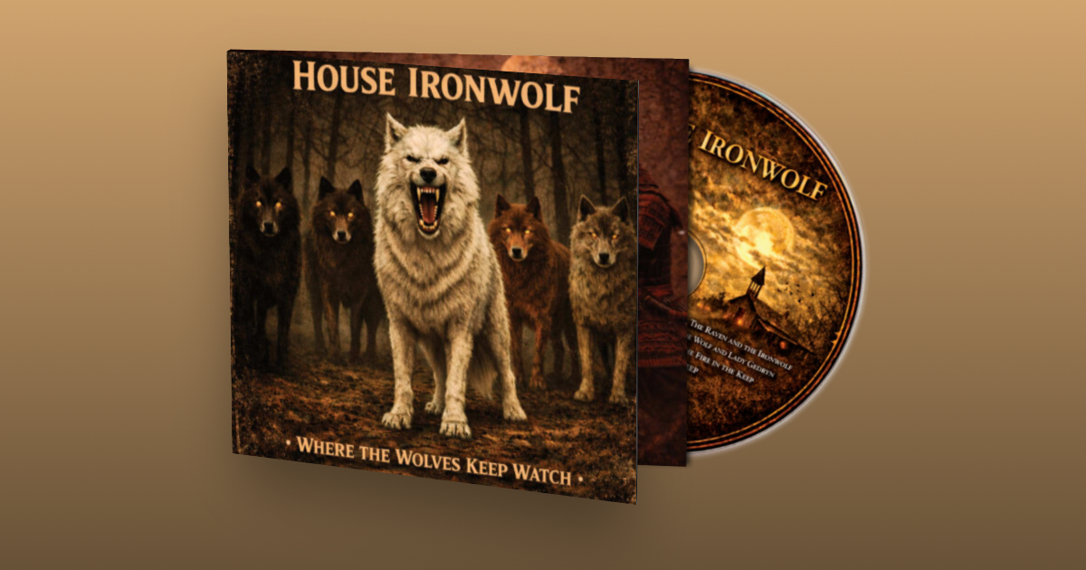 Pack of dark wolves with white coat wolf in front all growling with House Ironwolf title on top - CD cover