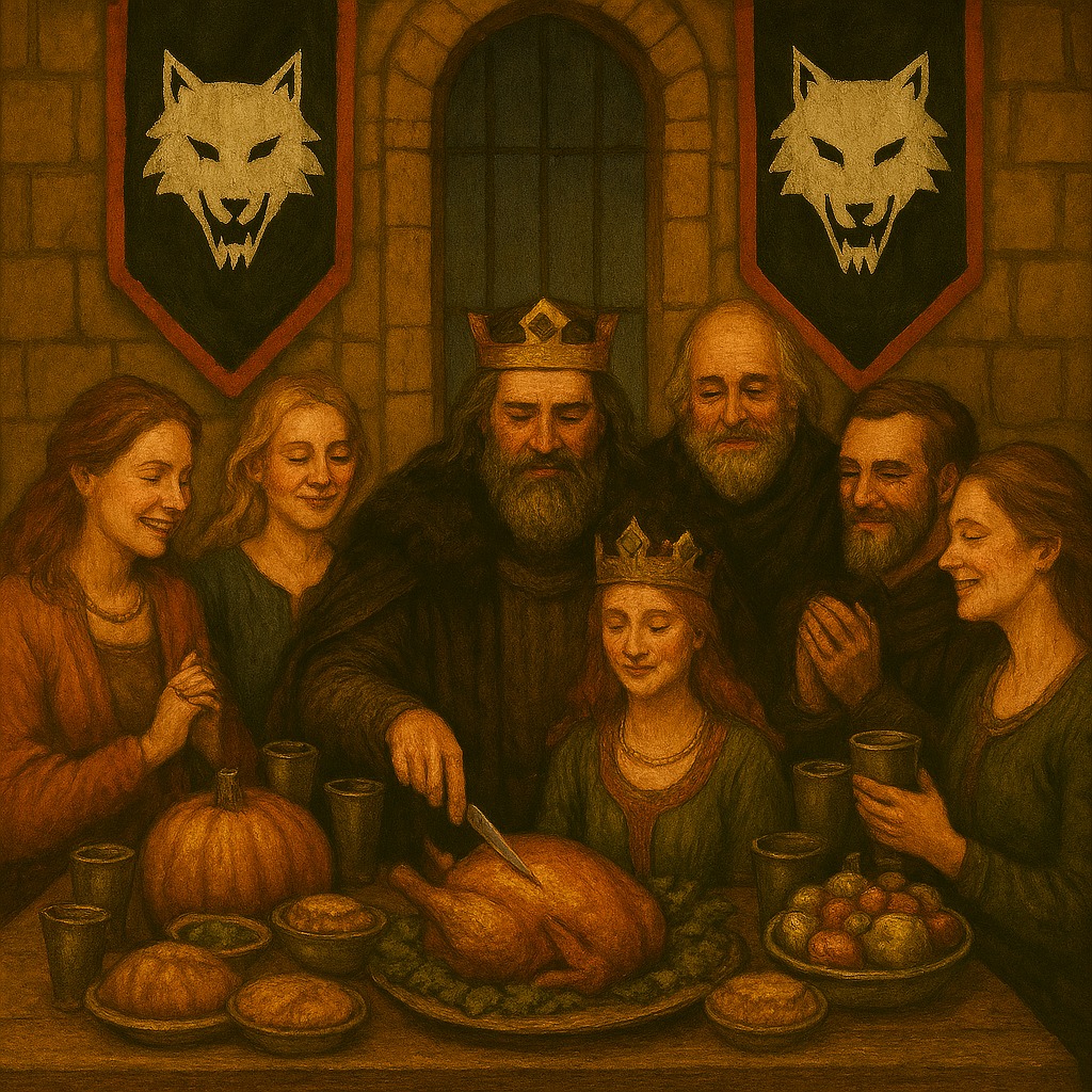 folk gathered around a table with male in crown cutting turkey