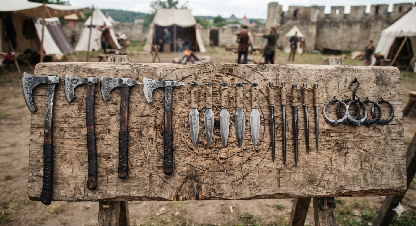 thrown weapons lined up including medival axes, knives, rings hanging on board - ai generated