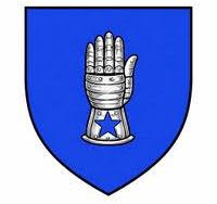 pentamere heraldry - silver left hand gauntlet on blue shield